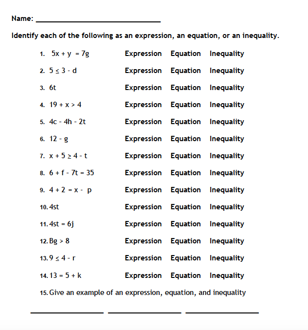 Algebraic Equations And Inequalities Worksheets Worksheets Master