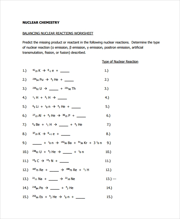 Balance Nuclear Equations Worksheet