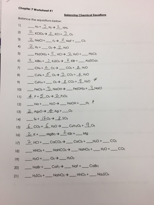 balancing chemical equations chapter 7 worksheet 1