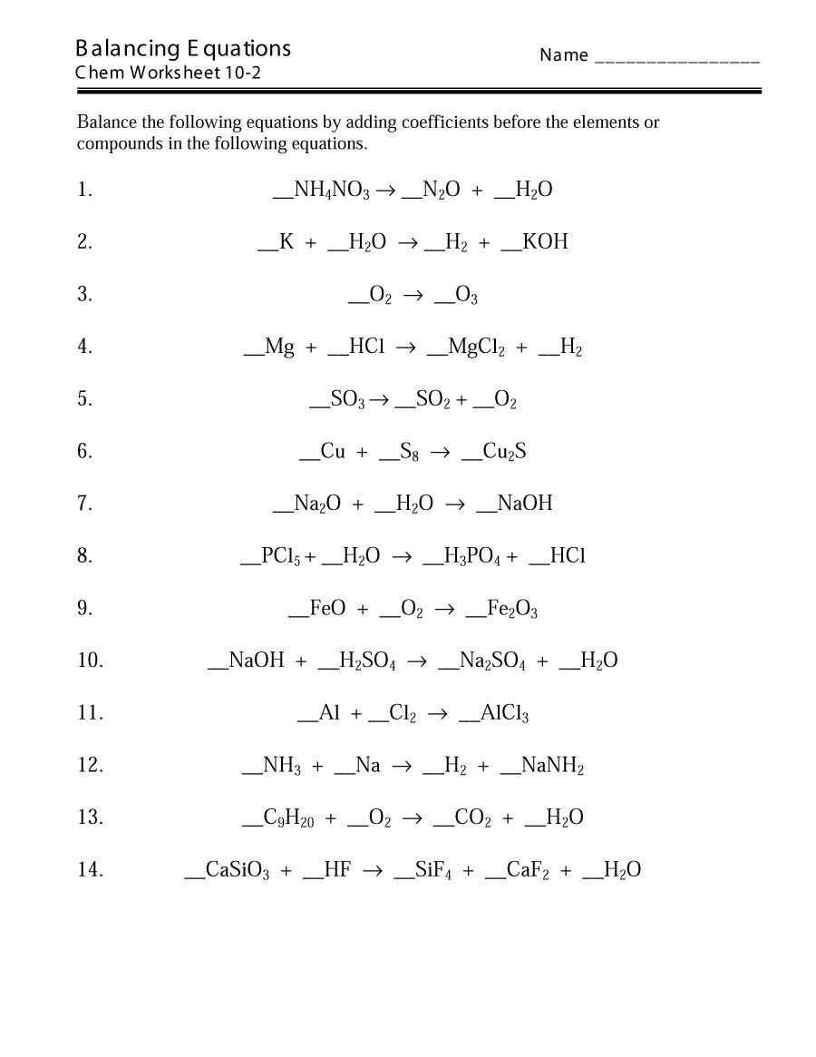 balancing equation chemistry worksheet