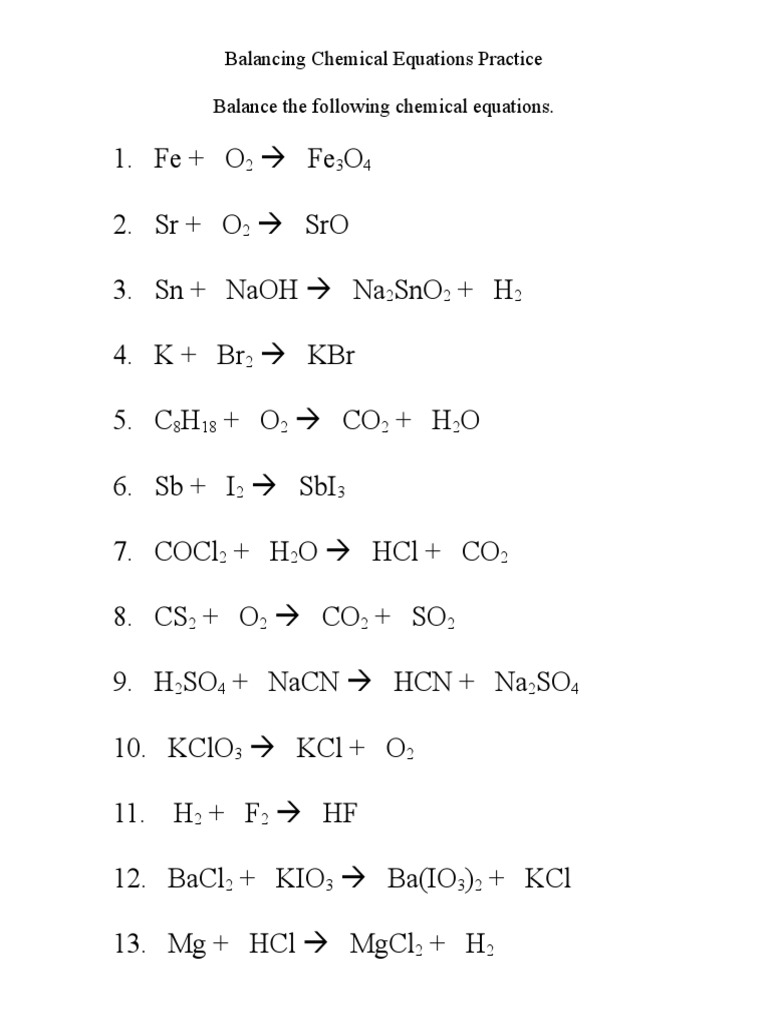 worksheet balancing equations