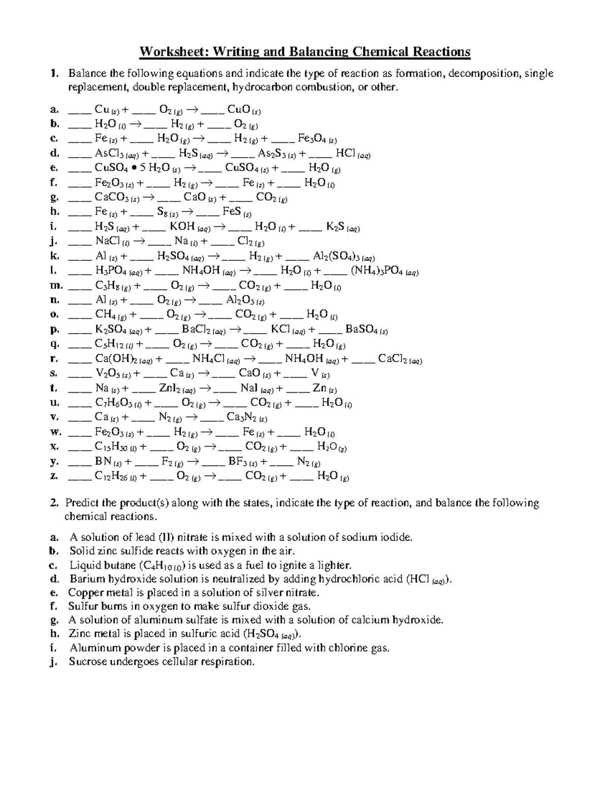 worksheet for balancing chemical equations