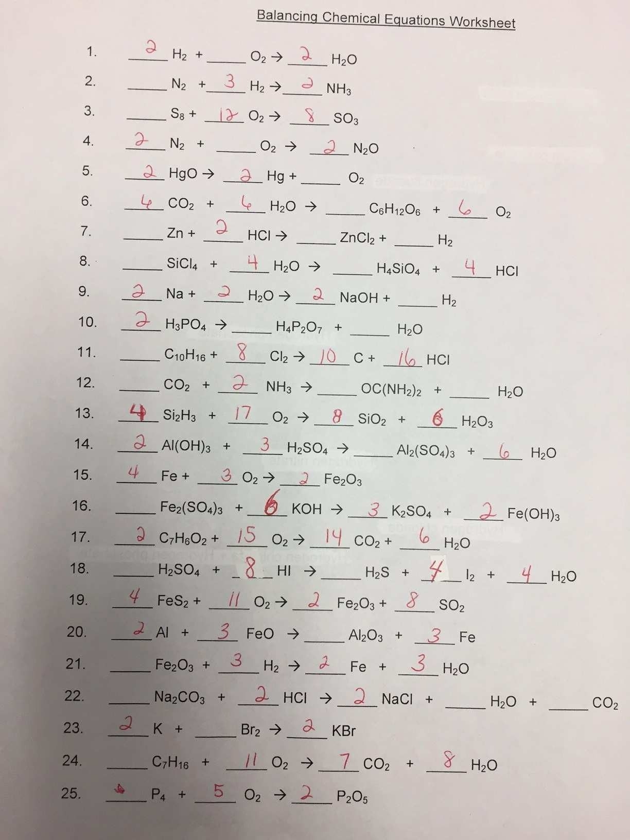 balancing chemical equations worksheet answer sheet