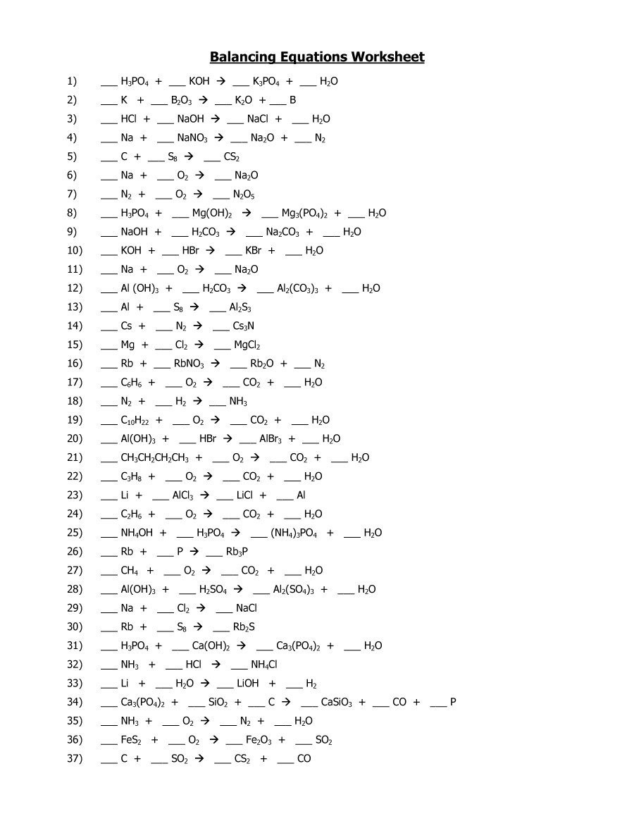 balance the following chemical equations worksheet