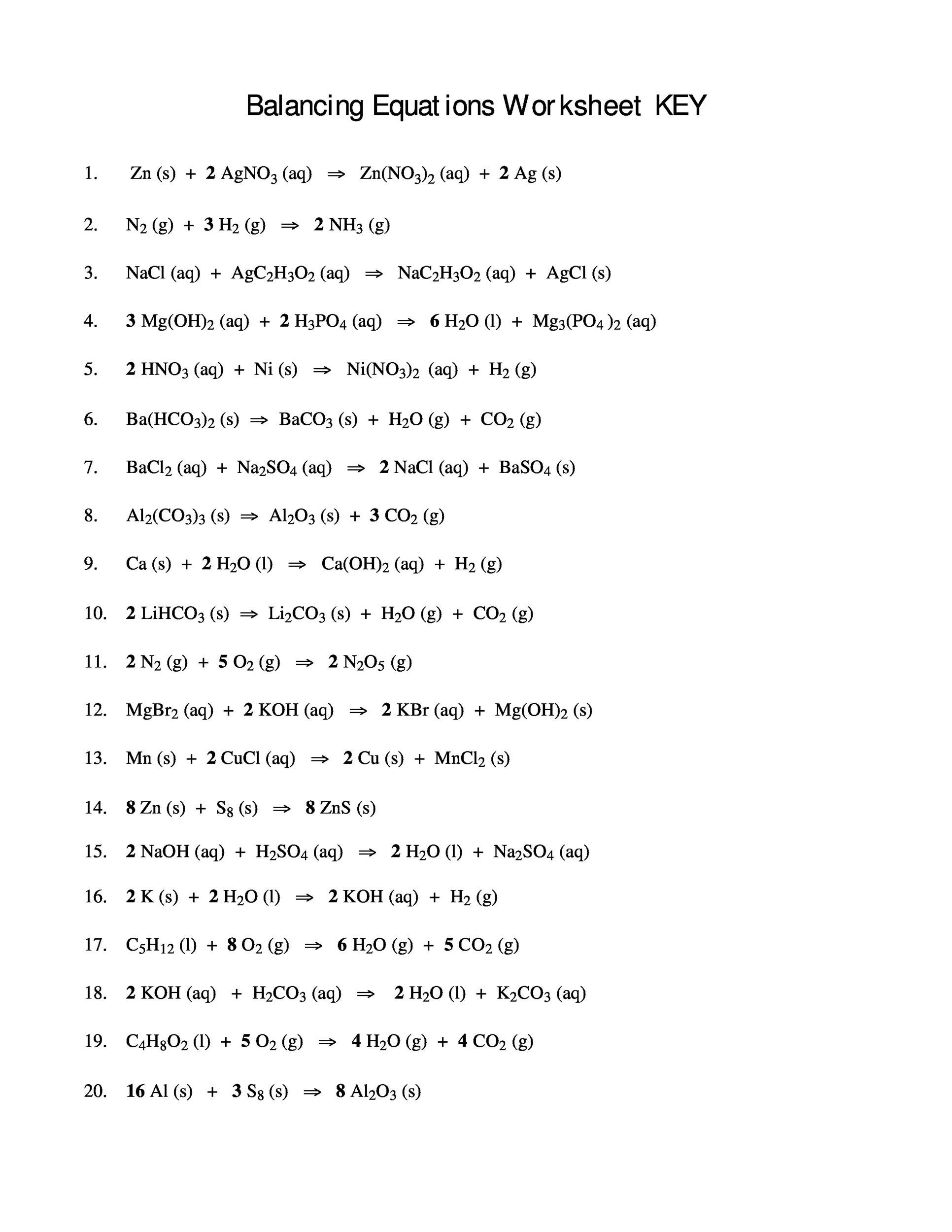 Balancing Chemical Equations Worksheet Chapter 10 PORTABLE