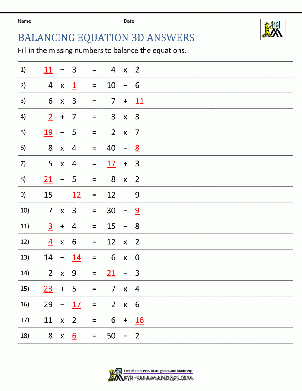 balance equation worksheet with answers