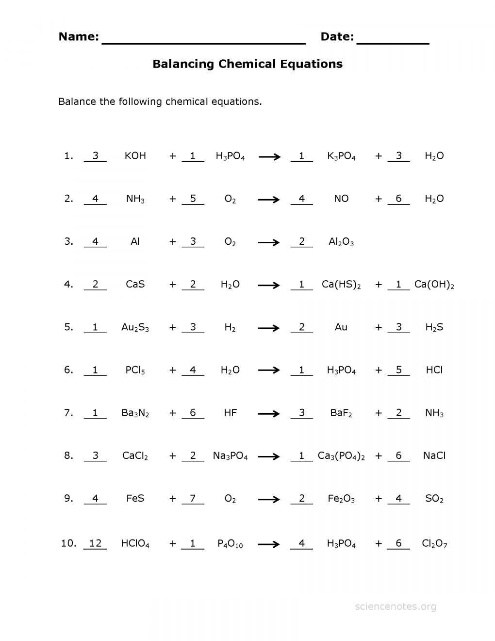 Balancing Equations And Types Of Reactions Worlsheet Key Equations 