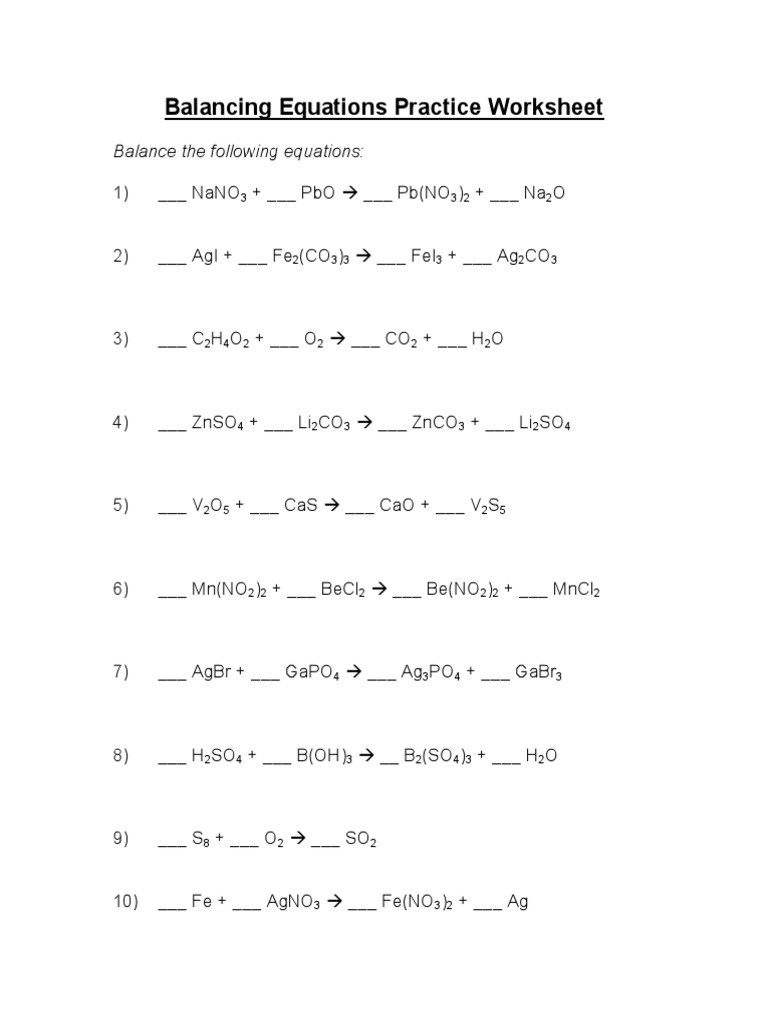 Balancing Equations Practice PDF Worksheets Library