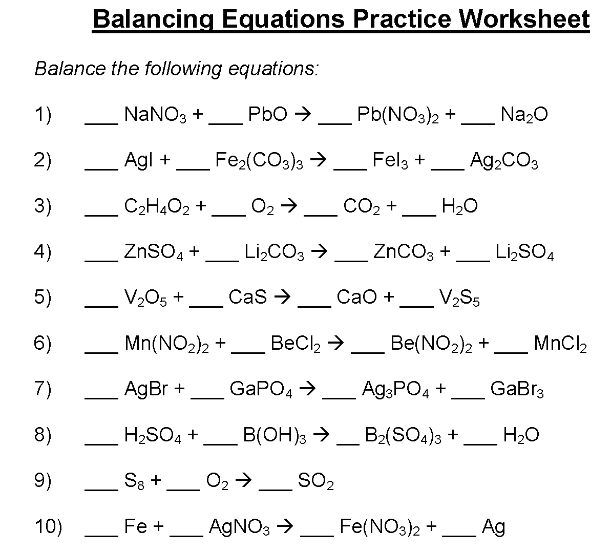 balancing easy chemical equations worksheet