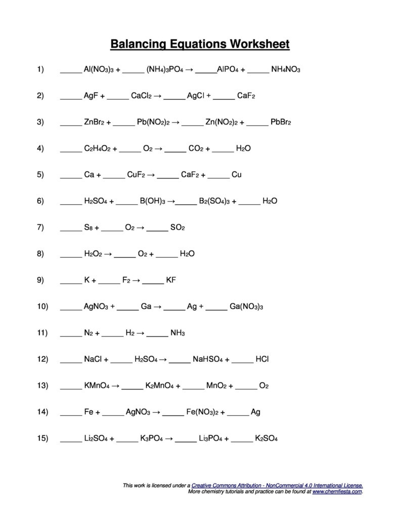Balancing Equations Worksheet 1 10 Equations Worksheets