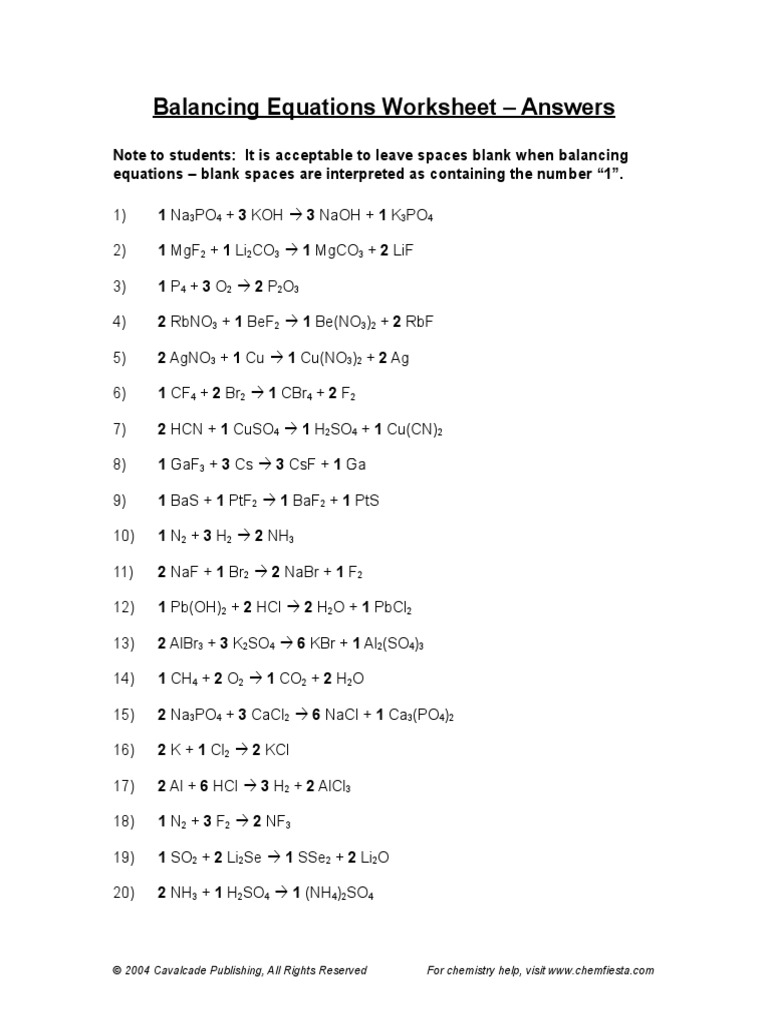 Balancing Equations Worksheet Answers 2004 Cavalcade