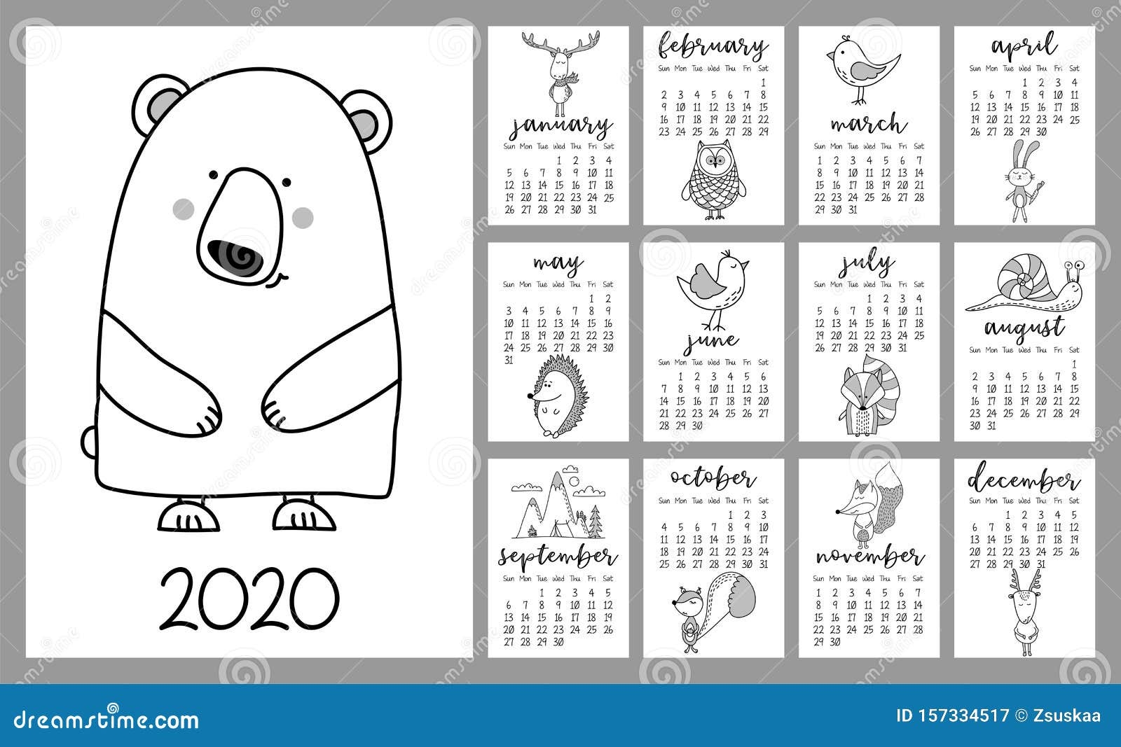 Bear And Forest Animals Calendar For 2020 Year Stock Vector 