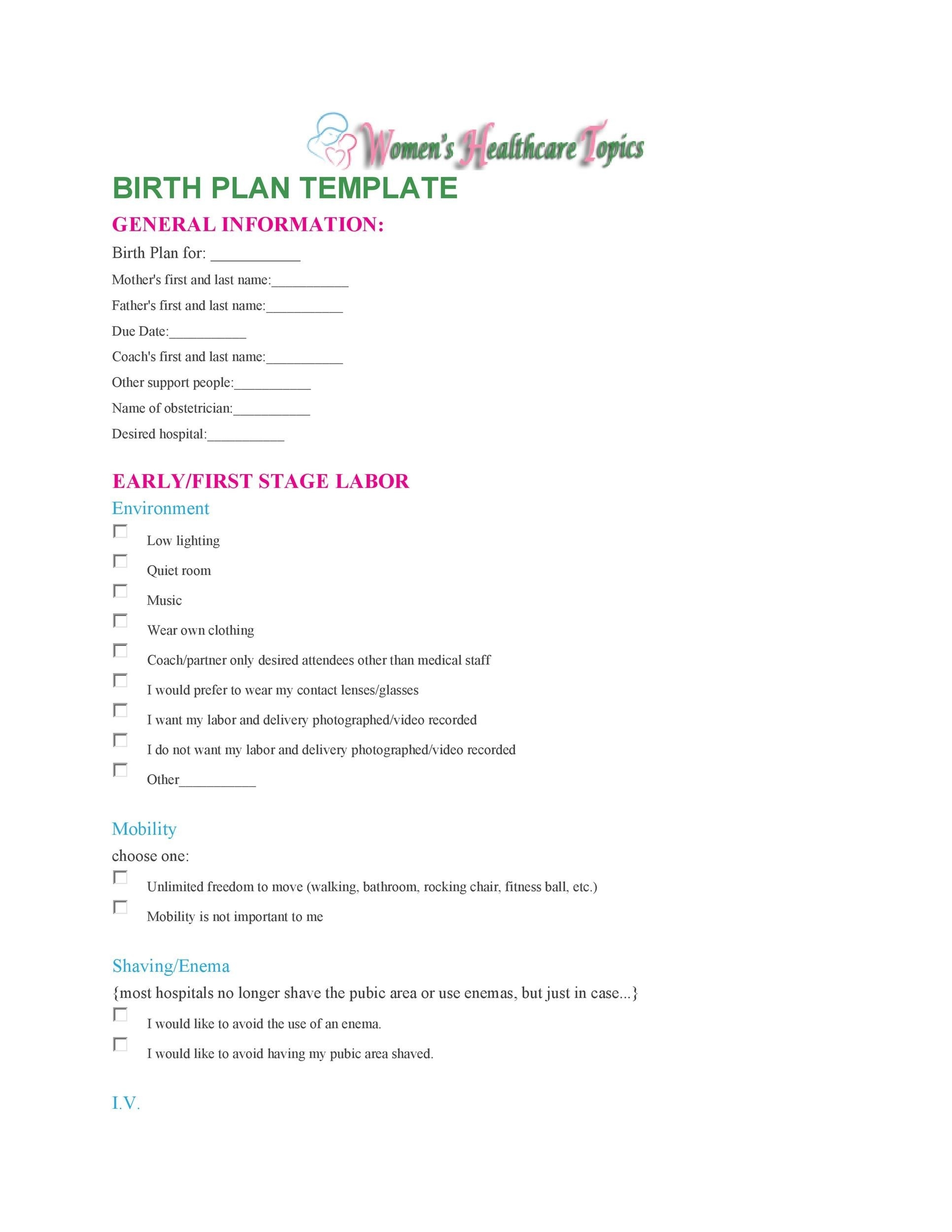 Birthing Plan Template Free