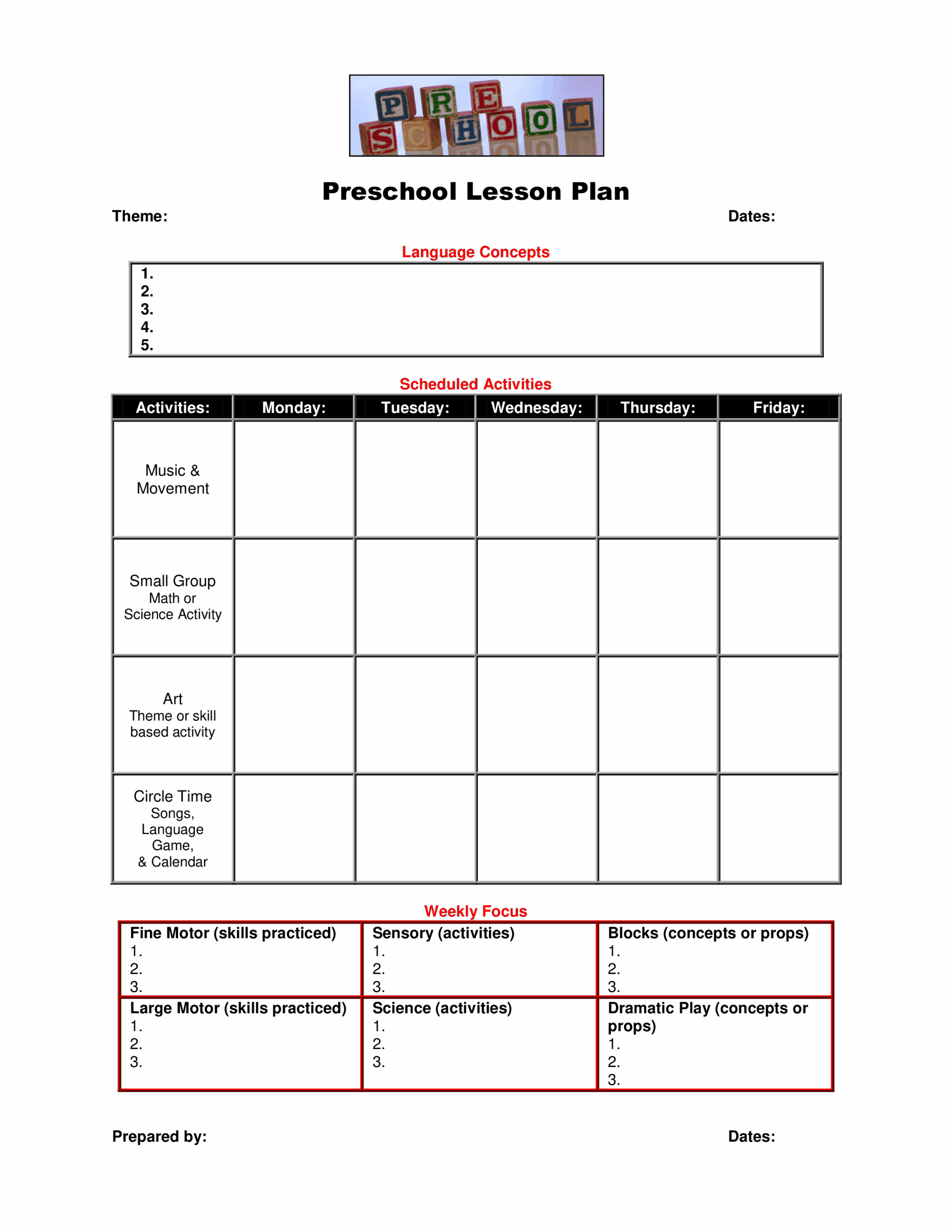Blank Preschool Lesson Plan Template Sarseh