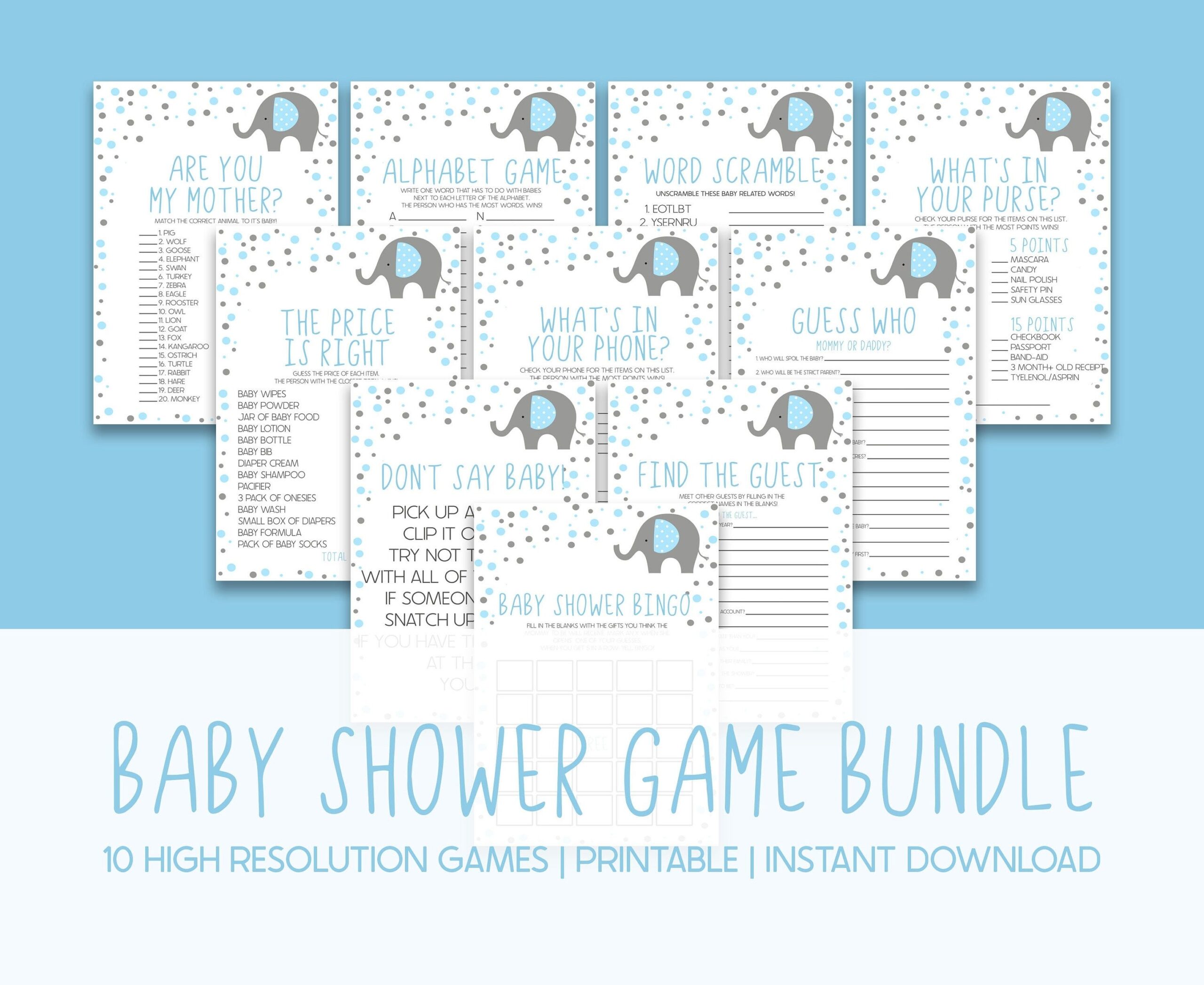 Blue Elephant Themed Baby Shower Game Pack Printable Baby Shower Games