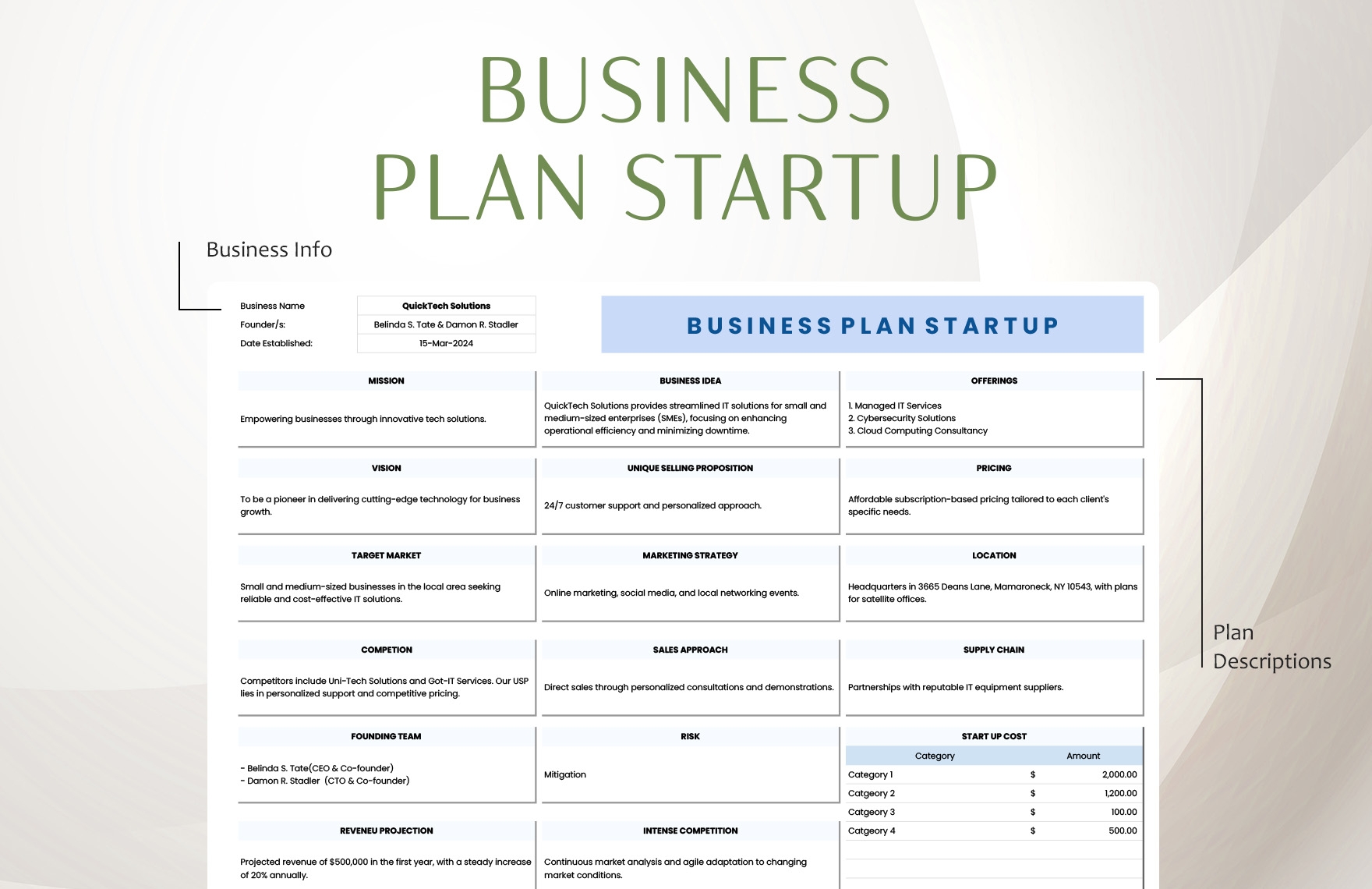 Business Plan Startup Template In Excel Google Sheets Download