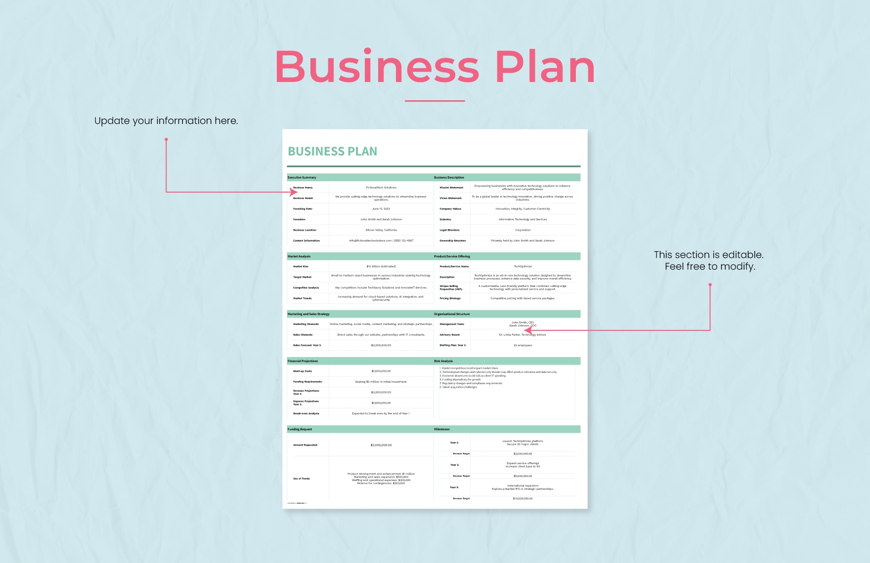 Business Plan Template In Excel Google Sheets Download Template