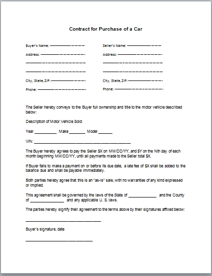 Car Payment Contract Template Free Printable Documents