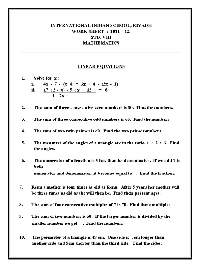 CBSE Class 8 Linear Equations In One Variable Worksheet PDF 