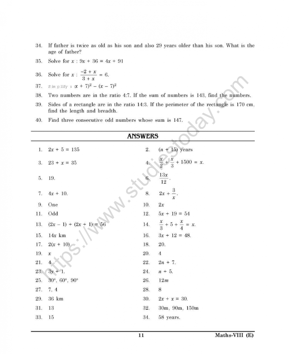 CBSE Class 8 Mental Linear Equations In One Variable Worksheet 