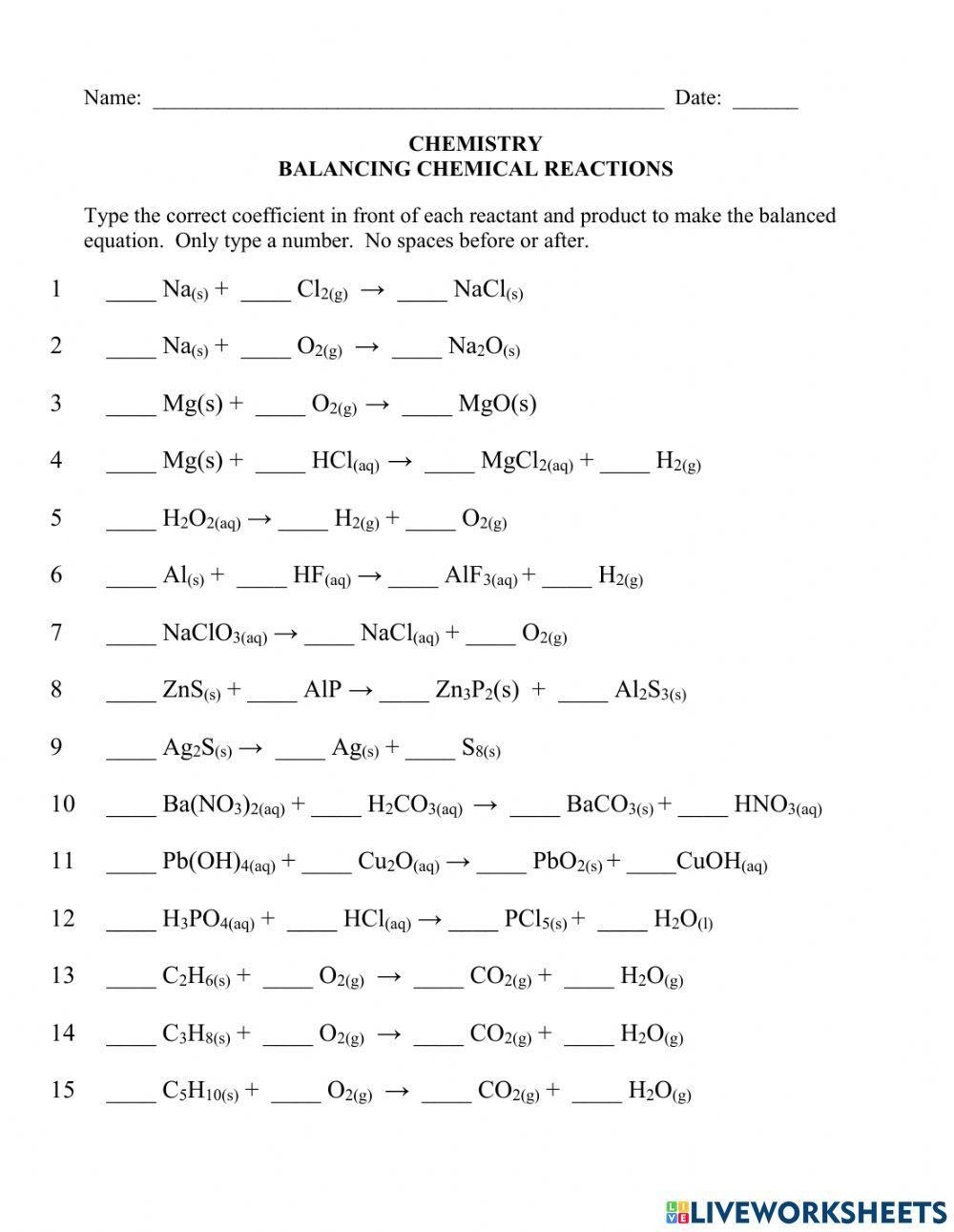 Chapter 5 Balancing Chemical Equations Worksheets Name Date