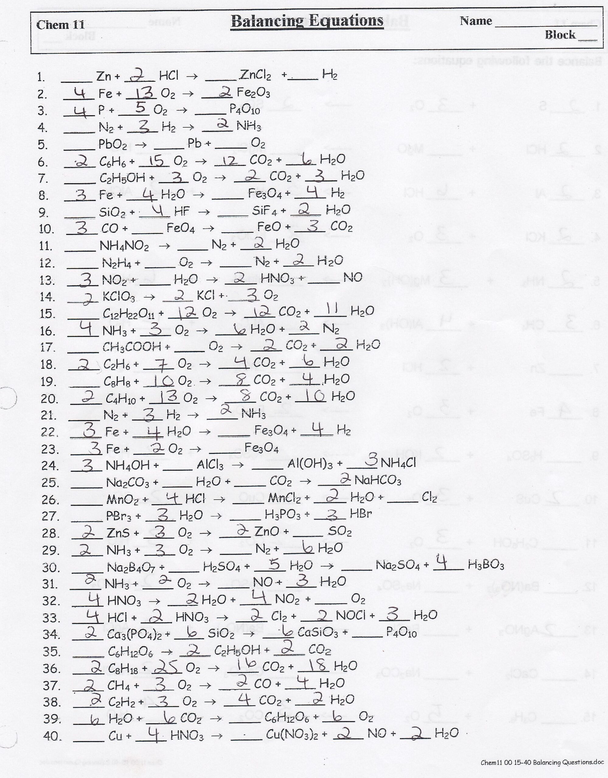 chapter 7 worksheet balancing chemical equations
