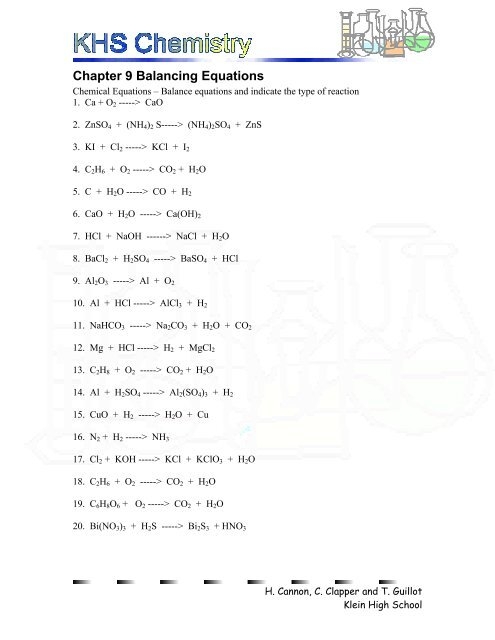 Chapter 9 Balancing Equations Jflaherty1 kleinisd Worksheets 