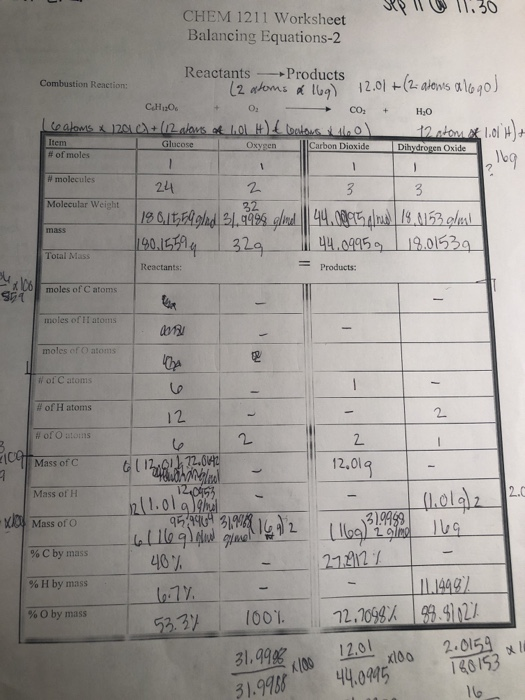 Chem 1211 Worksheet Balancing Equations