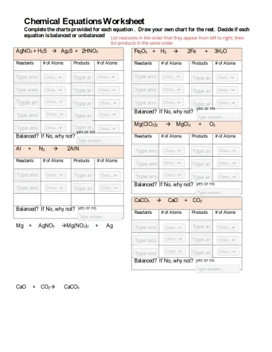 Chemical Equations Worksheet Interactive Worksheet Edform 