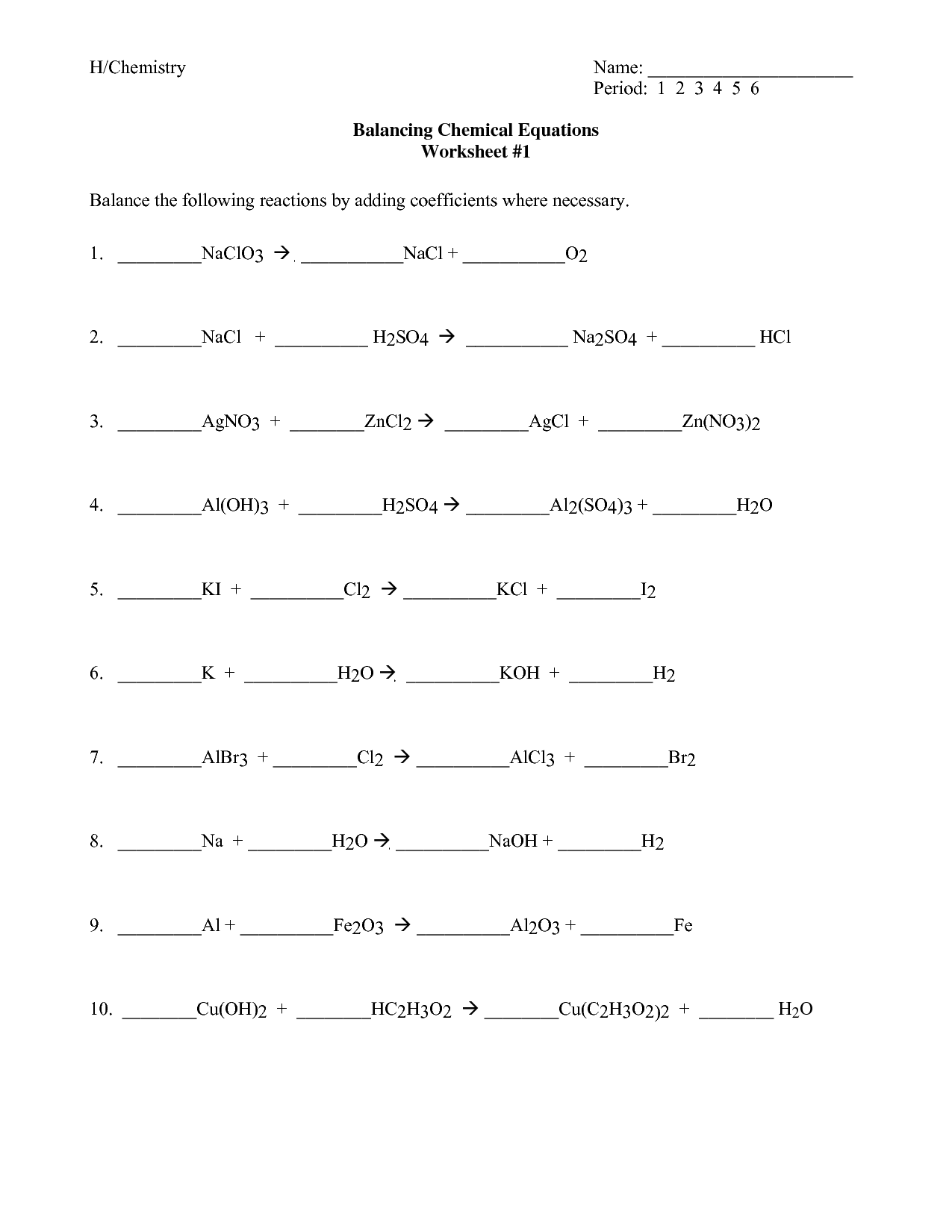 Chemistry 1 Balancing Chemical Equations Worksheet Athens Mutual 