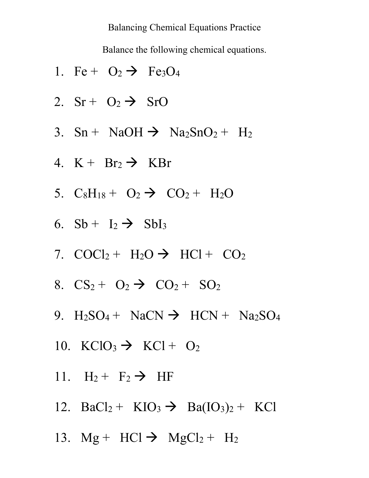Chemistry Balancing Chemical Equations Worksheet 1 Answer Key Athens 