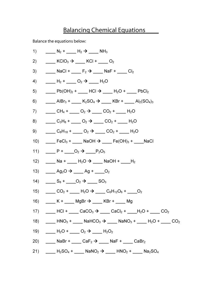 balancing equations chemistry worksheet answer key