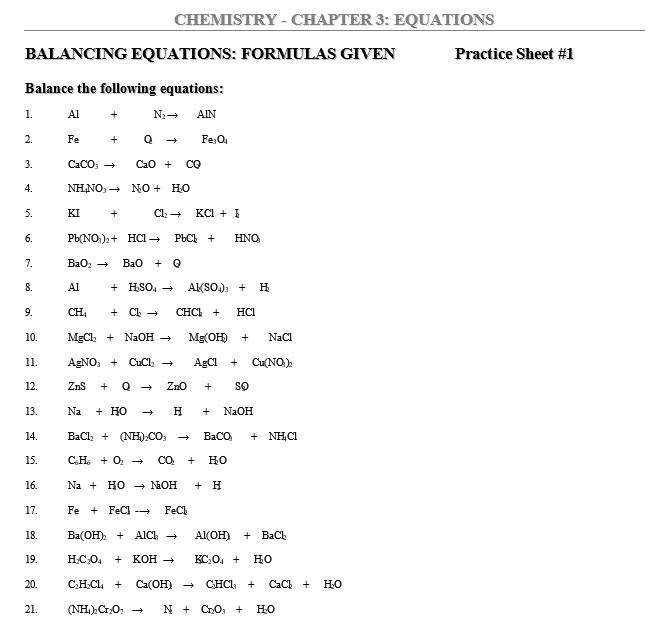 Chemistry Balancing Chemical Equations Worksheet With Answer Key 