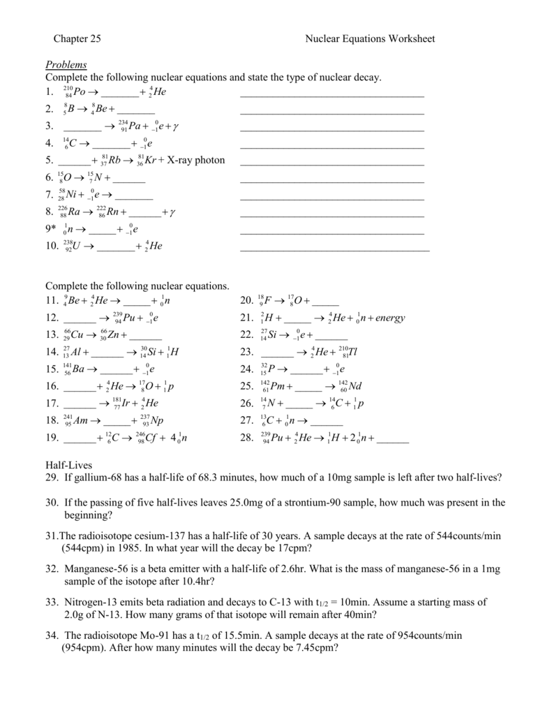 nuclear equations worksheet
