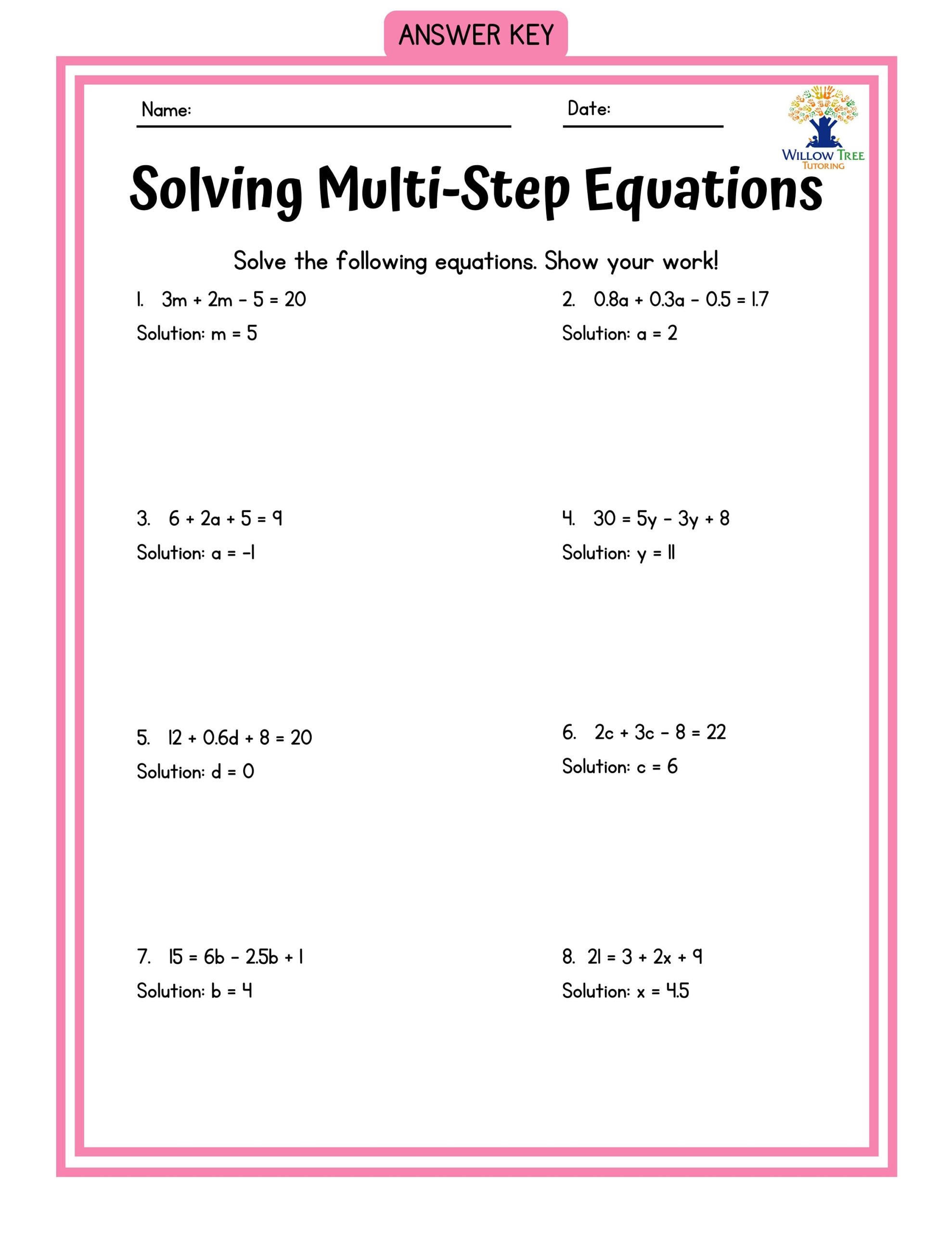 Colorful Solving Multi step Equations Tiered Worksheets Etsy 
