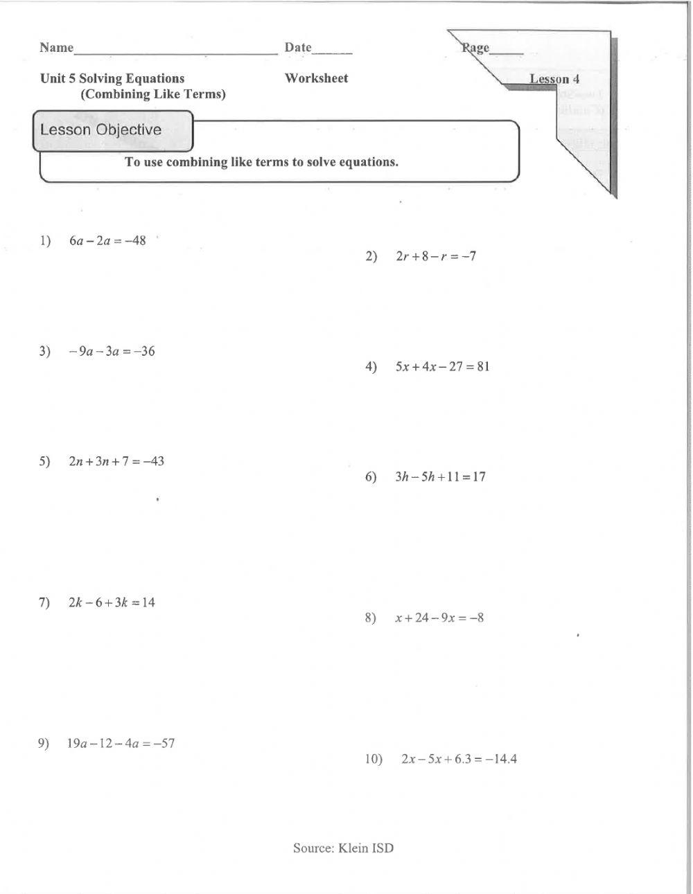 Combining Like Terms Worksheet Live Worksheets Worksheets Library