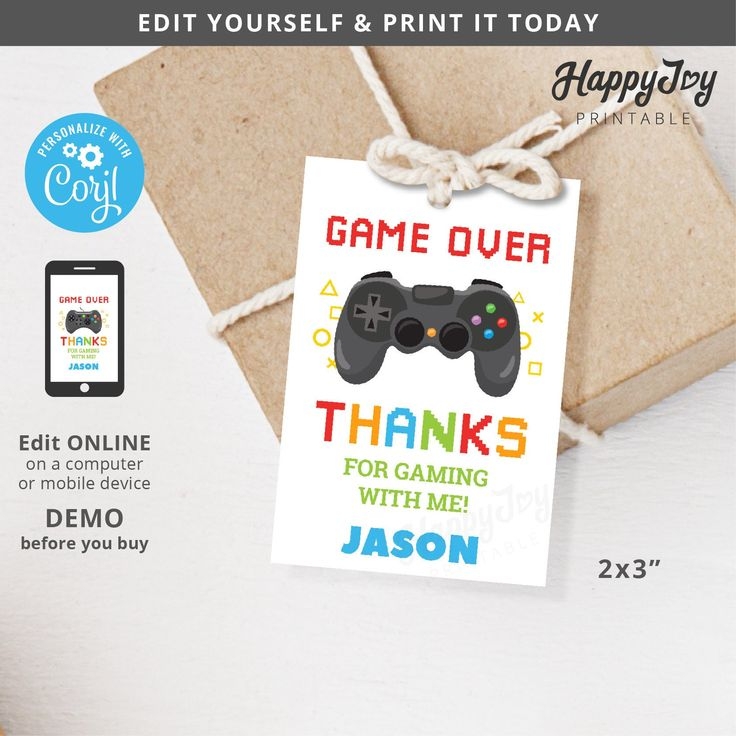Console Game Favor Tag 2x3 Printable Game Over Thank You Etsy In 2023