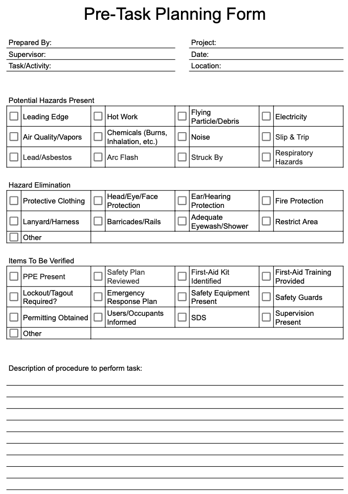 pre task plan template