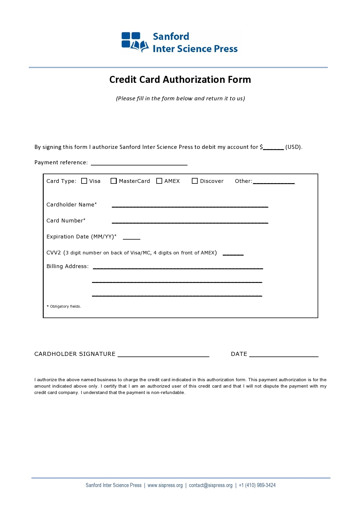 printable downloadable credit card authorization form template word