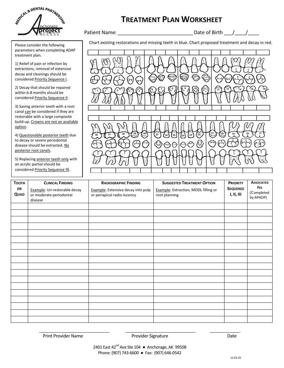 Dental Treatment Plan Worksheet Anchorage Project Access Download 