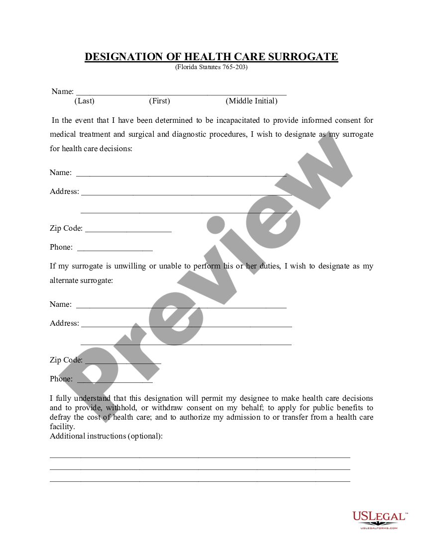 Designation Of Health Care Surrogate Florida Printable Form Printable 