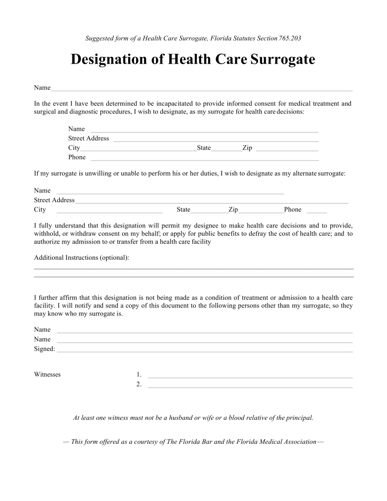 Designation Of Health Care Surrogate Florida Printable Form Printable 