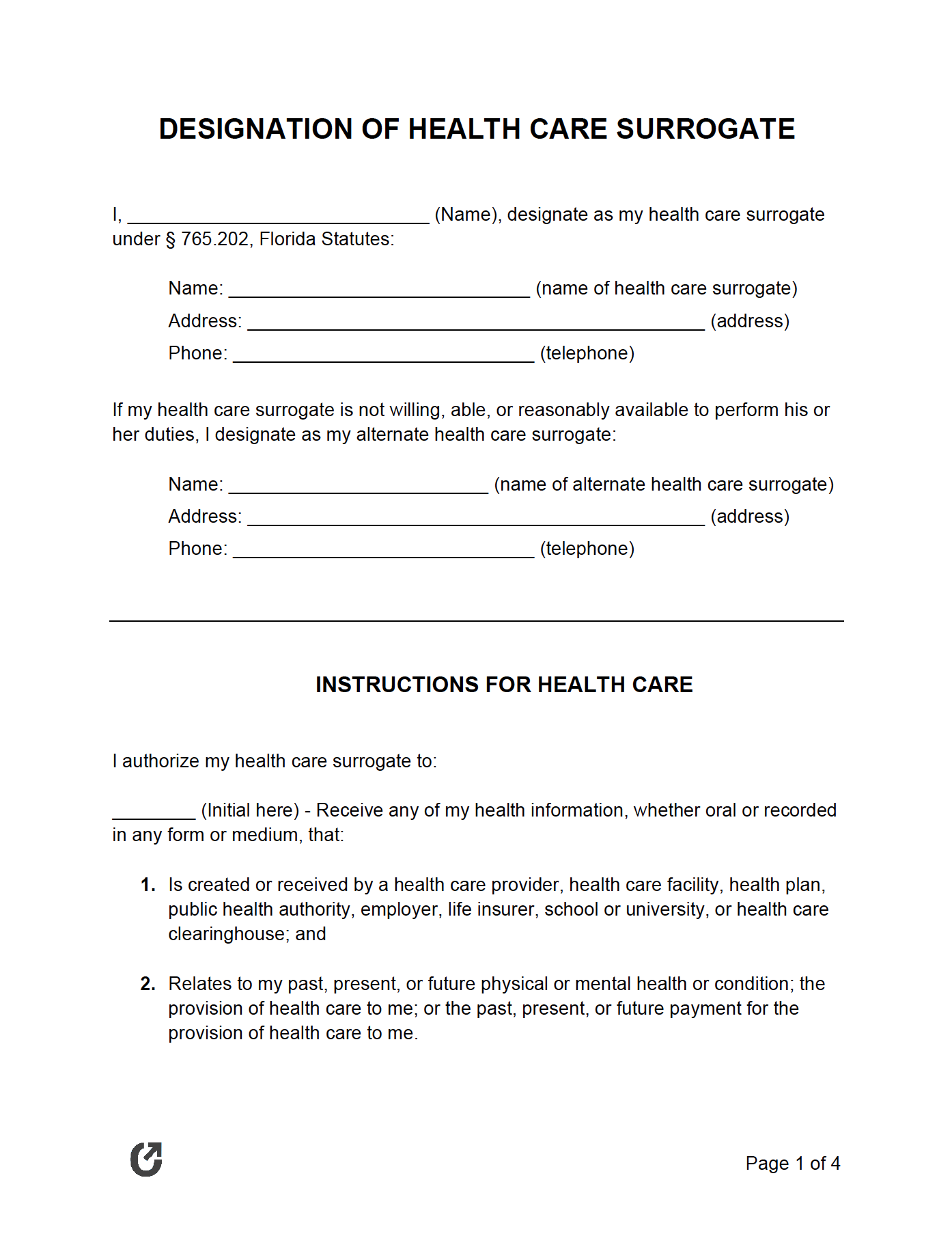 Designation Of Health Care Surrogate Florida Printable Form Printable