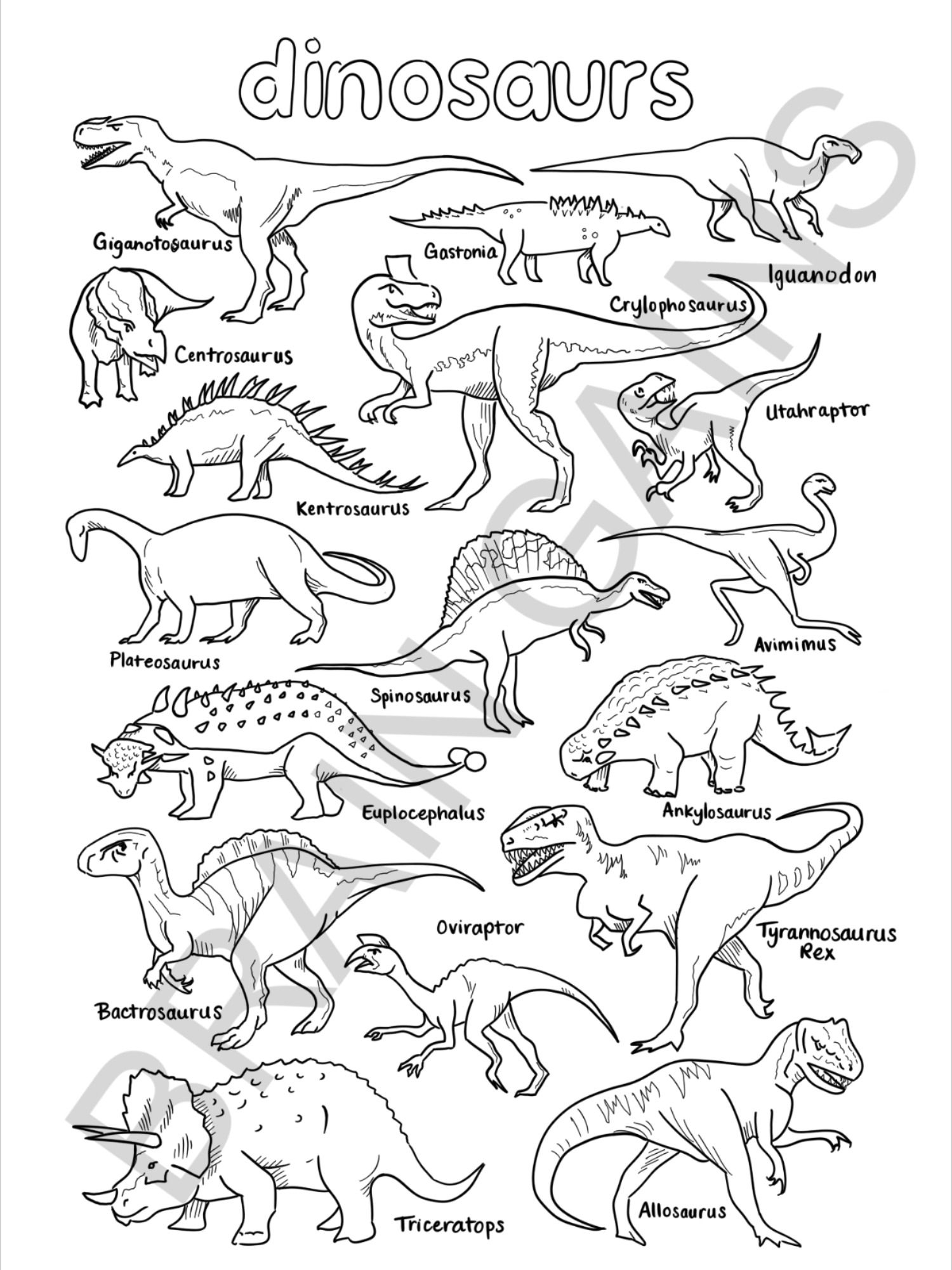 Dinosaurs Coloring Page Digital Download Printable PDF For Kids 