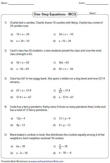 one step equations word problems worksheet