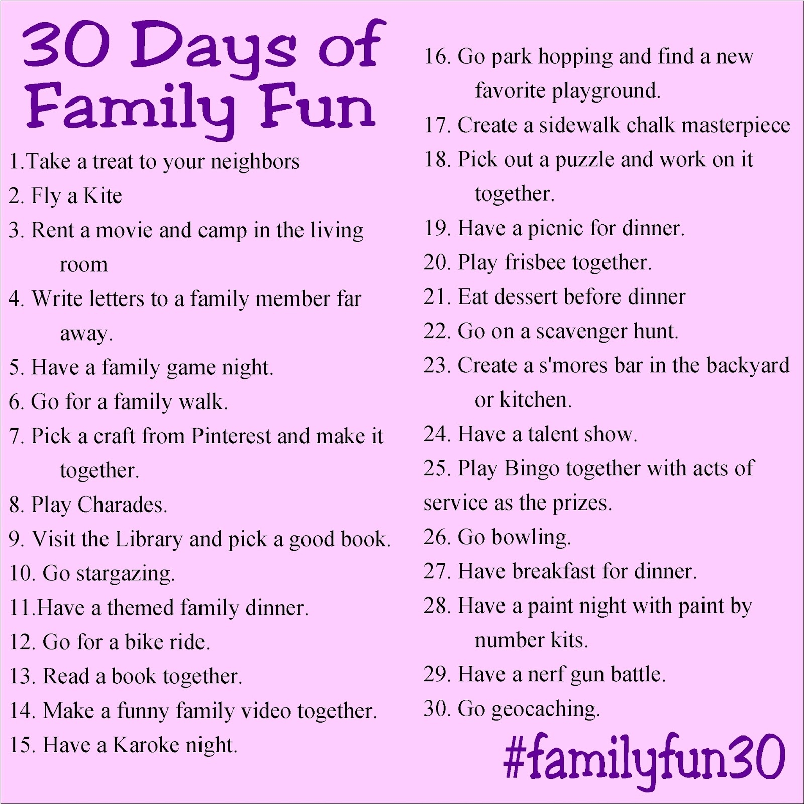 DIY Party Mom 30 Days Of Family Fun And Free Printable