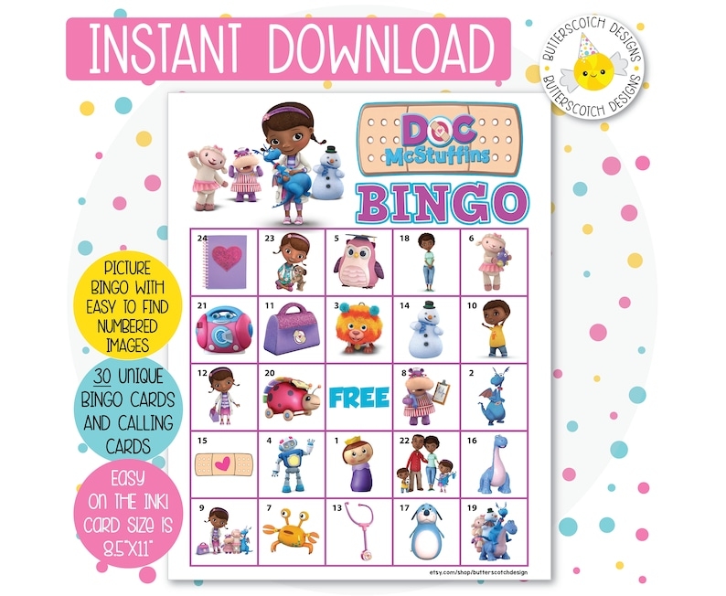 Doc Mcstuffins Printable Bingo Cards 30 Different Cards Etsy