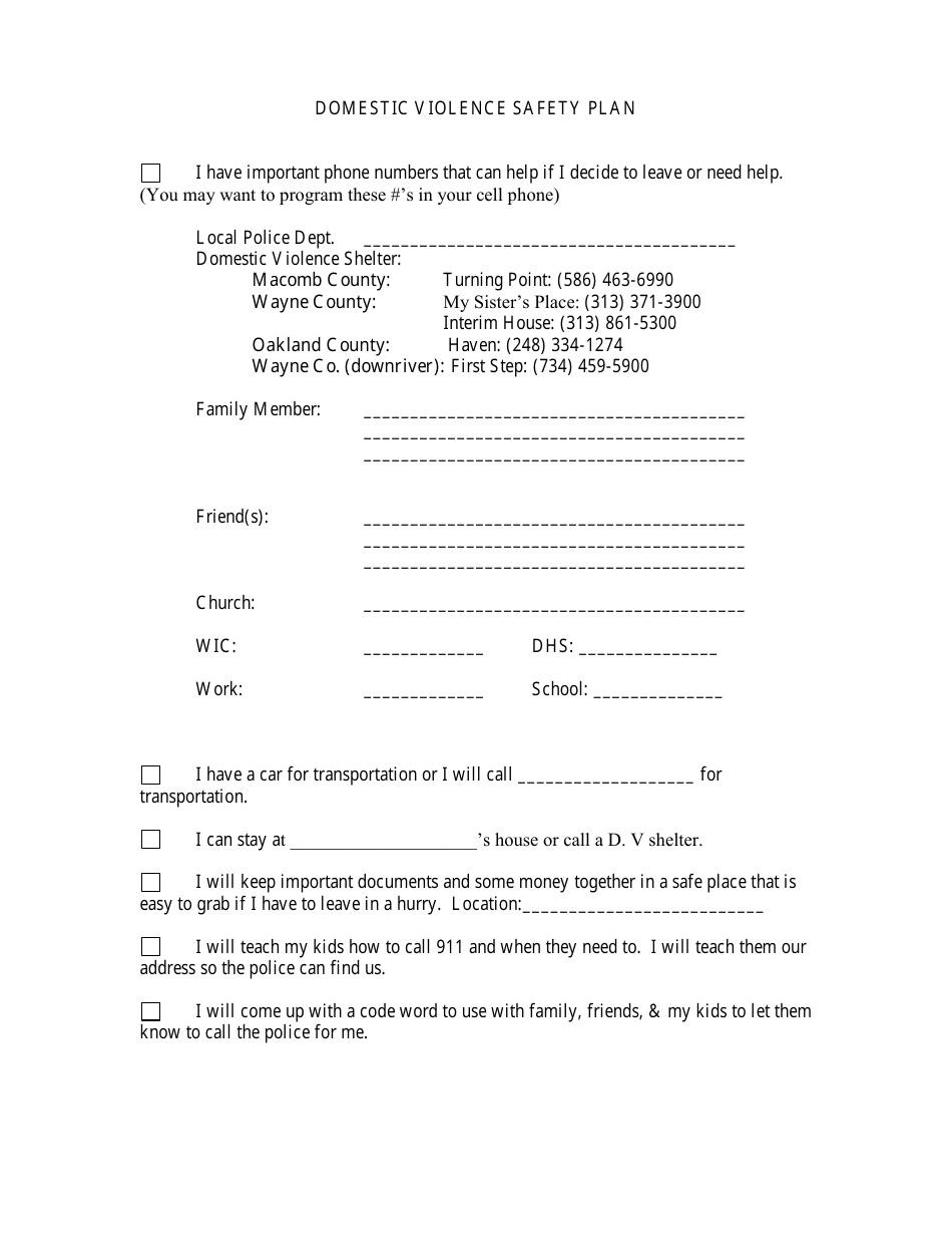 Domestic Violence Safety Plan Template Download Printable PDF