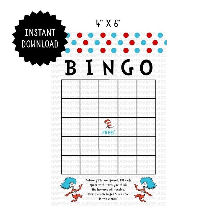Dr Seuss BINGO Card Printable Dr Seuss BINGO Playing Cards Dr Seuss 