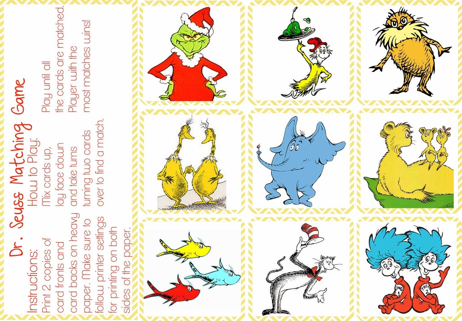 Dr Seuss Matching Game Printable